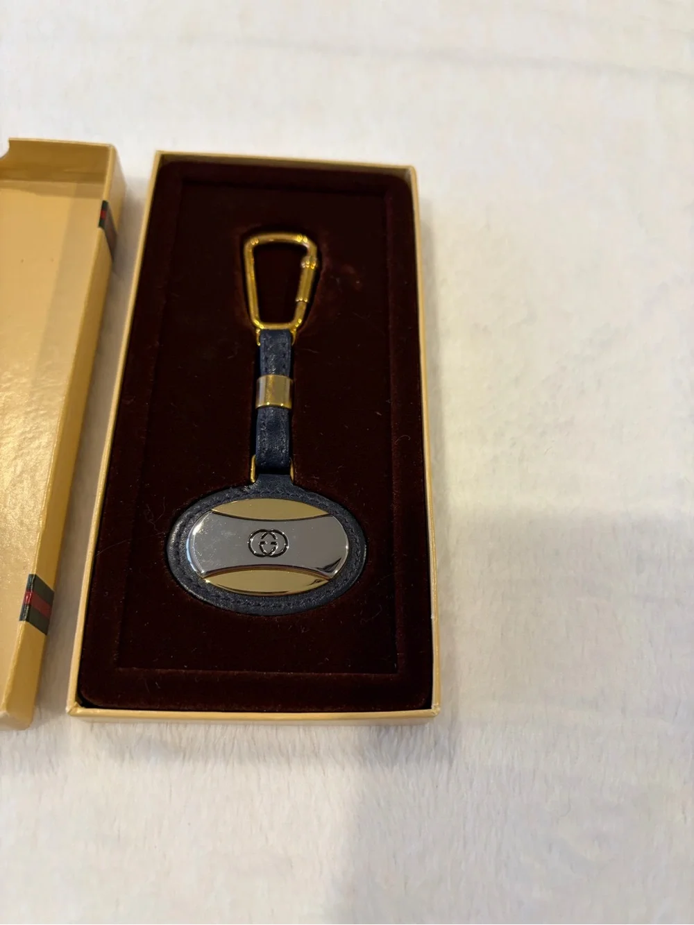 Gucci Navy and Gold Oval Leather Keychain